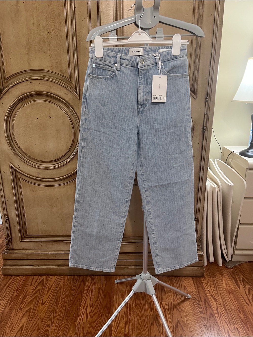 Frame Denim Light Blue Pinstripe Wide Leg Jeans